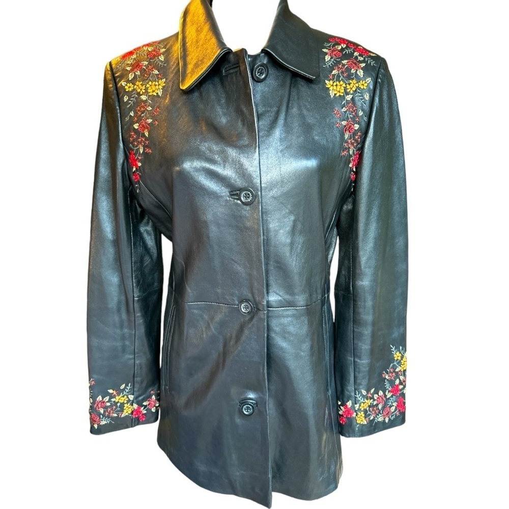 Black embroidered long leather jacket coat by Kasper. Size Medium